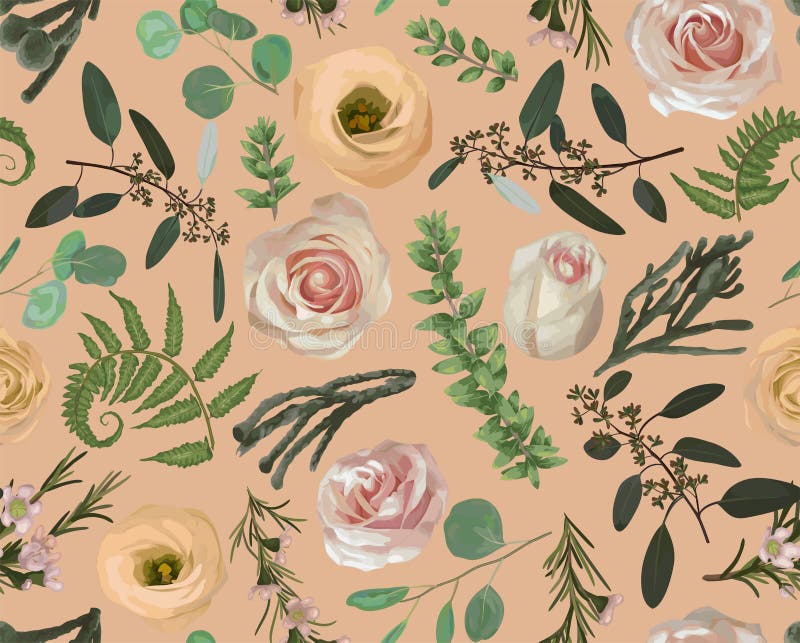Seamless pattern, background, texture print vector. Pink rose flowers, eustoma cream, brunia, green fern, eucalyptus, branches vector illustration Seamless pattern, background, texture print vector. Pink rose flowers, eustoma cream, brunia, green fern, eucalyptus, branches vector illustration