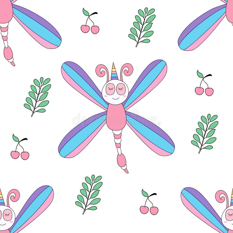 Seamless pattern cute dragonfly cartoon hand drawn style. stock illustration