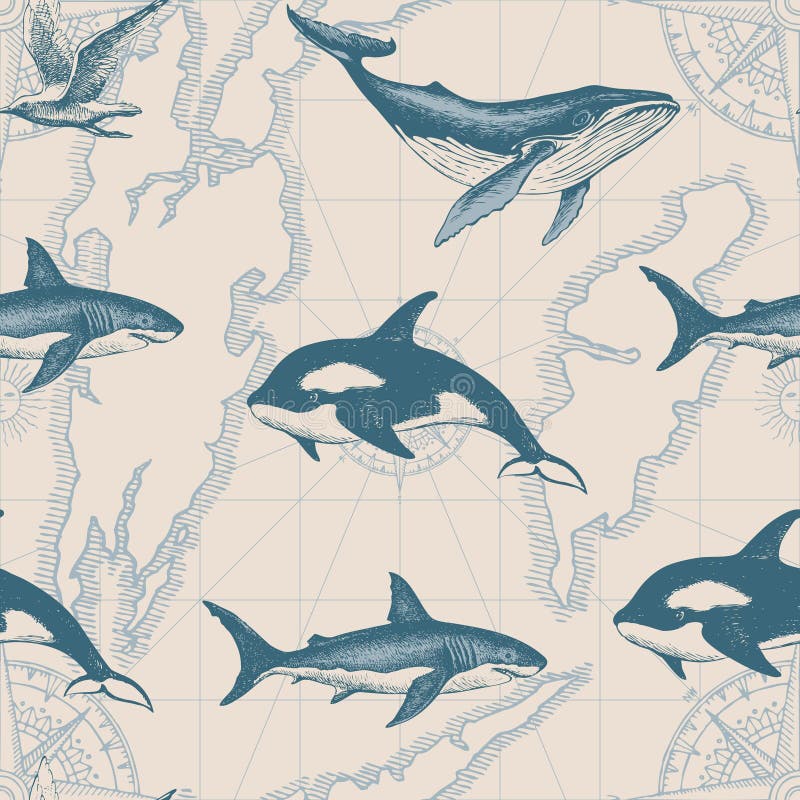 Seamless pattern with hand-drawn fishes and map royalty free illustration