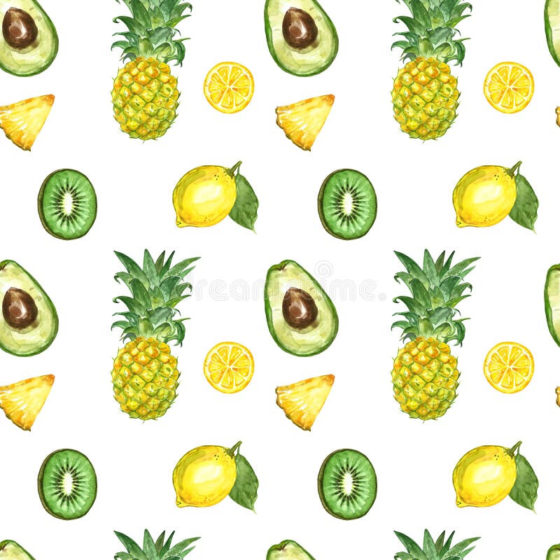 Seamless pattern with isolated watercolor summer exotic fruits - ripe pineapple, avocado, kiwi fruit, lemon, fruits slices vector illustration