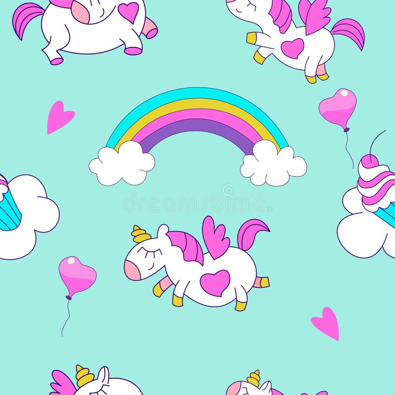 Seamless pattern. Little cute unicorns with wings flying through the sky among clouds and rainbows. Children`s pattern. Vector ill stock illustration Seamless pattern. Little cute unicorns with wings flying through the sky among clouds and rainbows. Children`s pattern. Vector ill stock illustration