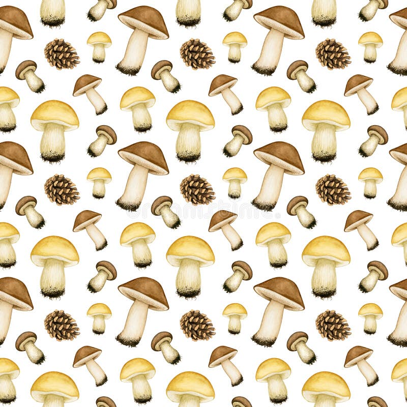Seamless pattern with watercolour mushrooms. Porcini, Brown cap boletus, Cep and pine cone. Hand drawn autumn background stock illustration