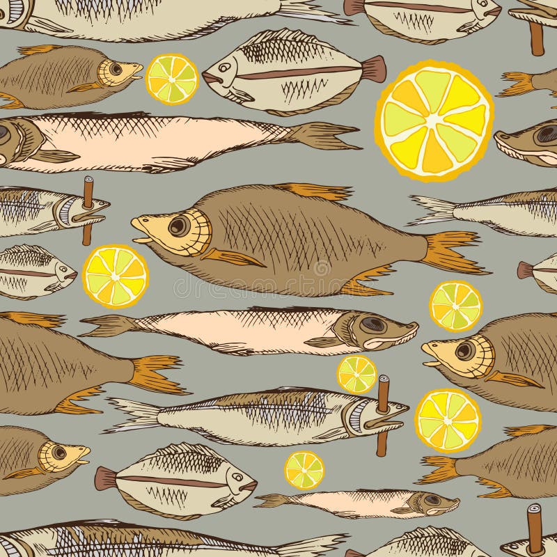 Seamless vector pattern with animals under water. Colored fish on a neutral background. Colorful hand drawing in sketch stock illustration