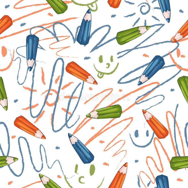 Seamless vector pattern with colored pencils and children`s hand drawings. School sketch. Funny cute childish primitive background royalty free illustration Seamless vector pattern with colored pencils and children`s hand drawings. School sketch. Funny cute childish primitive background royalty free illustration