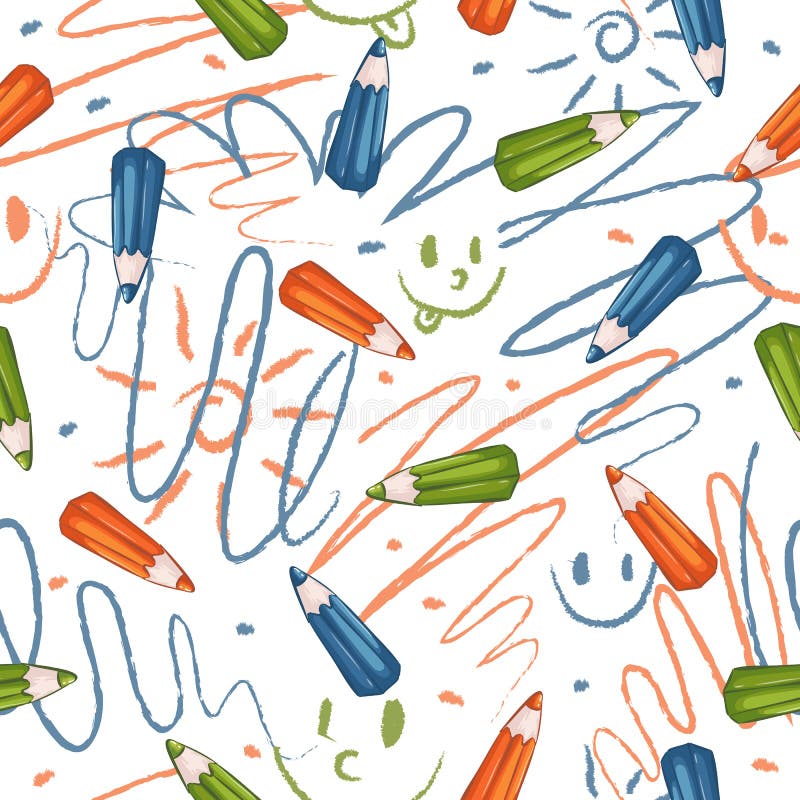 Seamless vector pattern with colored pencils and children`s hand drawings. School sketch. Funny cute childish primitive background royalty free illustration