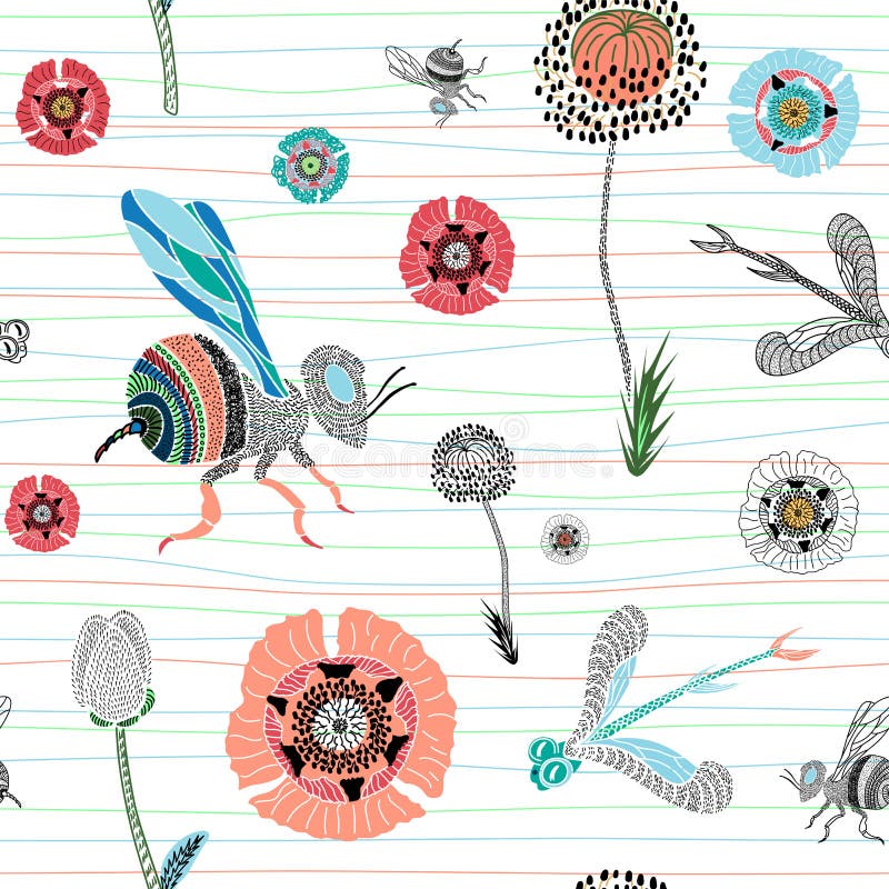 Seamless vector pattern with cute hand drawn bee, dragonfly and. Seamless pattern with cute hand drawn bee, dragonfly and poppies. Pastel with black and white royalty free illustration