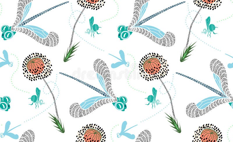 Seamless vector pattern with cute hand drawn dragonfly, bee and. Seamless pattern with cute hand drawn dragonfly, bee and poppies. Pastel with black and white royalty free illustration