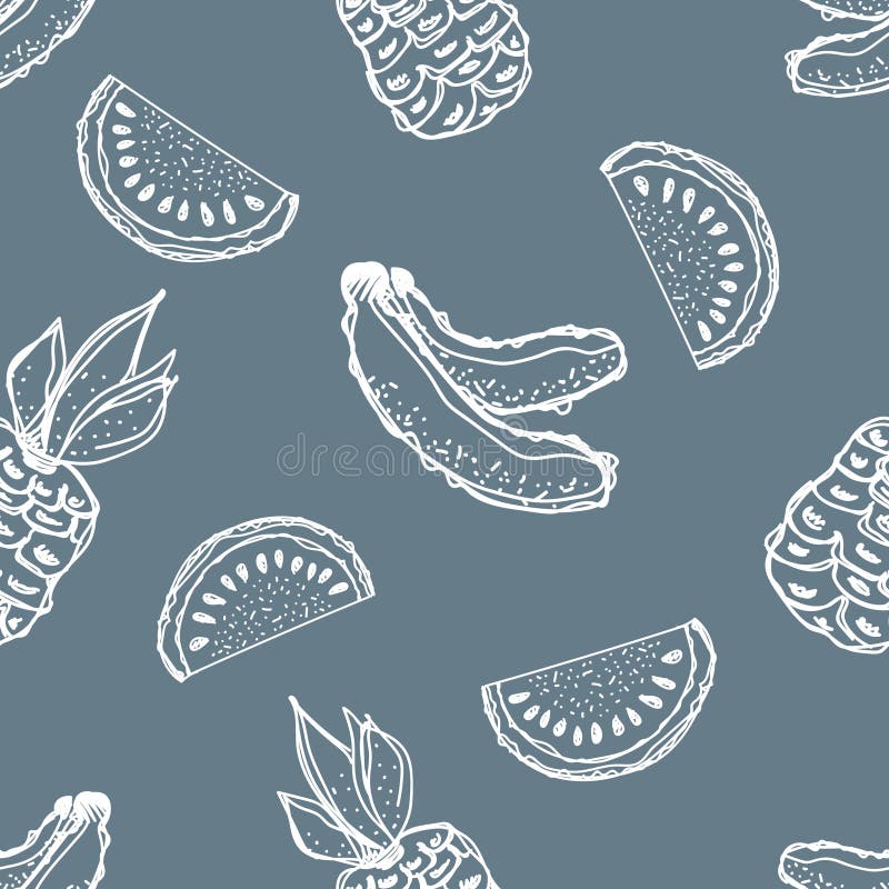 Seamless vector pattern. Hand drawn fruits illustration of banana, pineapple, watermelon Line drawing. Print for wallpaper, backgr. Ound, surface, fabric, decor royalty free illustration