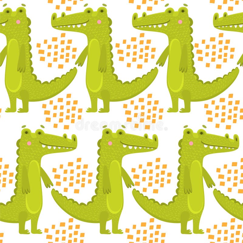 Seamless pattern with a crocodile on a light background.Cute green aligator with white teeth.Hand drawn illustration in flat style. Seamless watercolor crocodile stock illustration