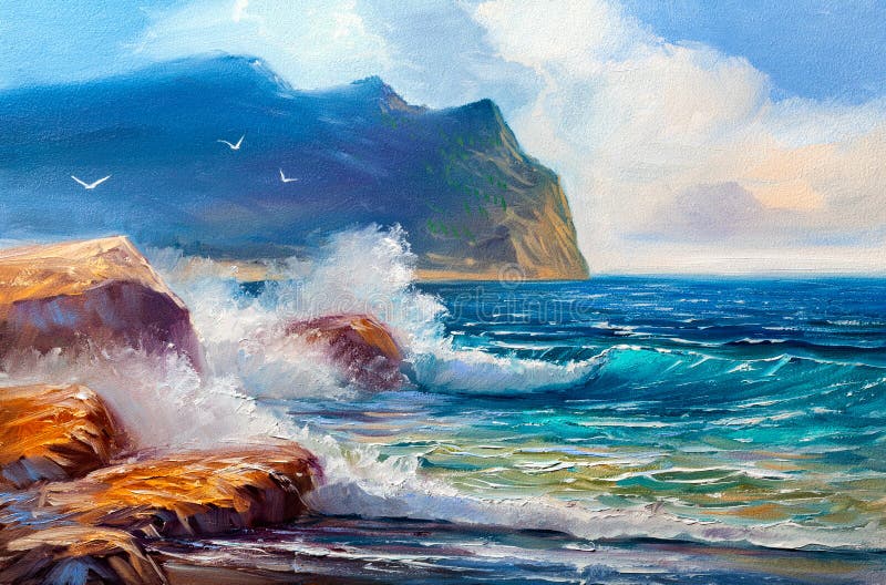 Seascape painting .Sea wave. stock illustration