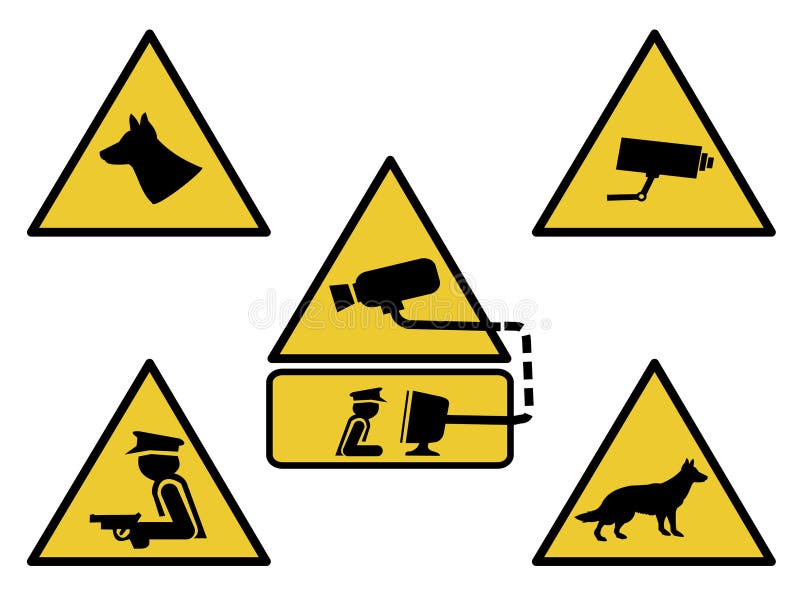Security signs. Guard dogs, cctv camera, and armed guard illustration royalty free illustration Security signs. Guard dogs, cctv camera, and armed guard illustration royalty free illustration