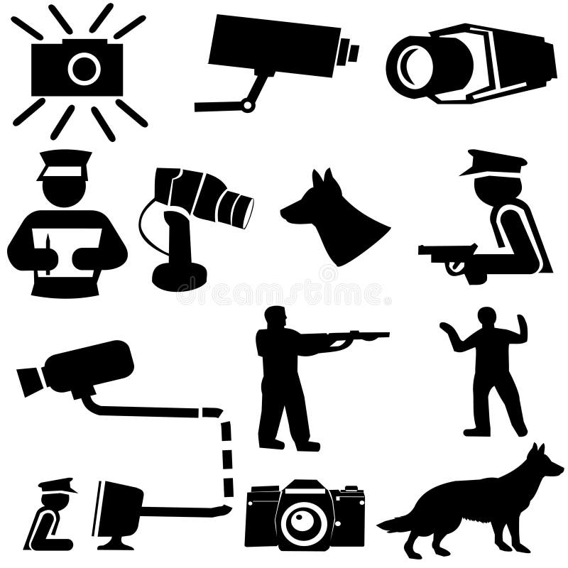 Security silhouettes. Guard dogs, cctv camera, and armed guard illustration royalty free illustration Security silhouettes. Guard dogs, cctv camera, and armed guard illustration royalty free illustration