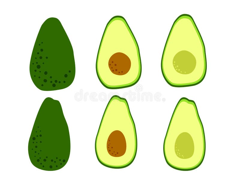 Set of avocado icons. Fruit drawing of whole and cut avocado. Flat cartoon design. Vector illustration isolated. On white stock illustration