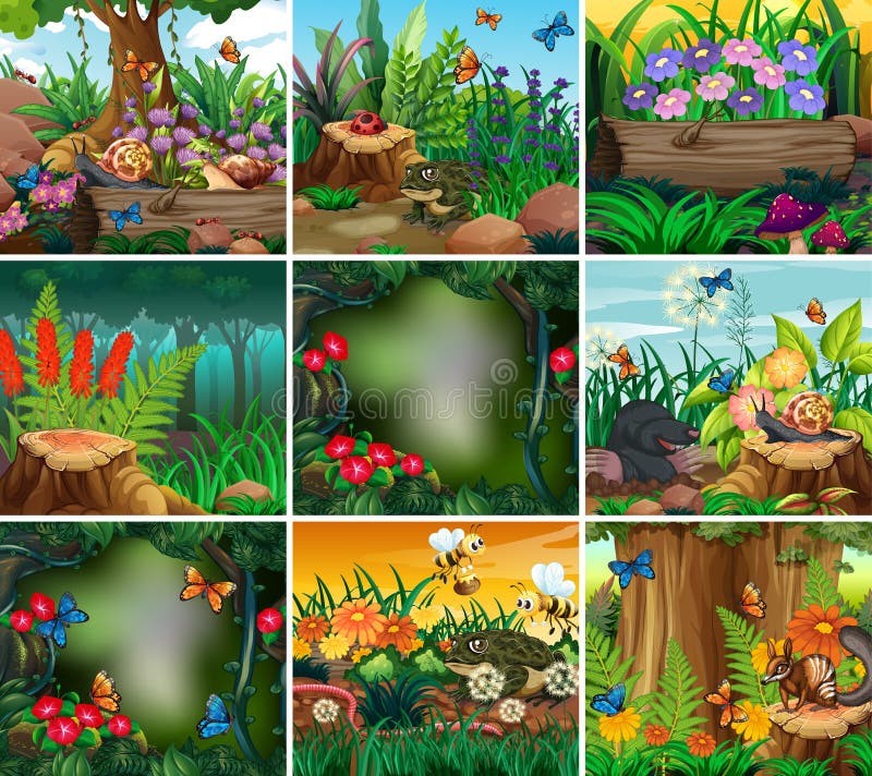 Set of background scene with nature theme stock illustration