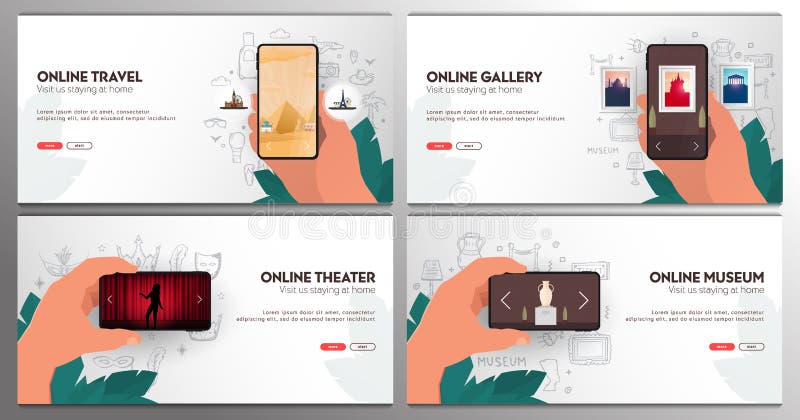 Set banners of online entertainment. Travel, Museum, Gallery, Theater. Palm with smartphones on the hand draw doodle. Elements royalty free illustration