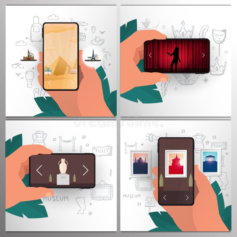 Set banners of online entertainment. Travel, Museum, Gallery, Theater. Palm with smartphones on the hand draw doodle. Elements vector illustration