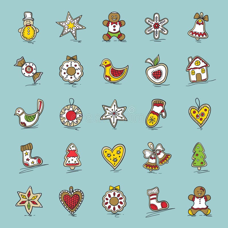 Set of Christmas icons. Star,bell,wreath, apple,bow,sock,Christmas tree, house, snowman, gingerbread, mitten, heart,cane royalty free illustration