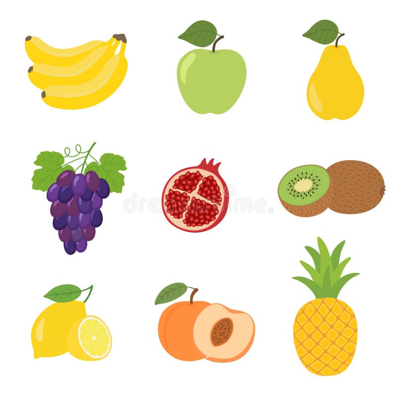 Set of colorful cartoon fruit icons apple, pear, peach, banana, grapes, kiwi, lemon, pomegranate, pineapple. royalty free illustration