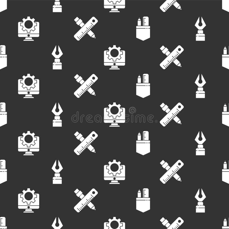 Set Crossed ruler and pencil, Fountain pen nib, Computer monitor and gear and Crossed ruler and pencil on seamless. Pattern. Vector vector illustration Set Crossed ruler and pencil, Fountain pen nib, Computer monitor and gear and Crossed ruler and pencil on seamless. Pattern. Vector vector illustration