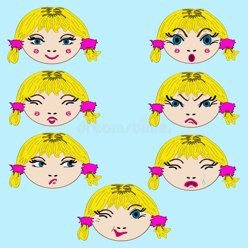 Set of cute girl emotion faces on cyan background vector illustration