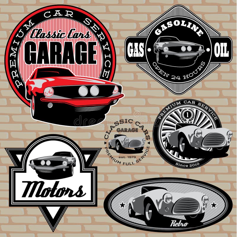 Set of emblems with retro car on wall vector illustration Set of emblems with retro car on wall vector illustration