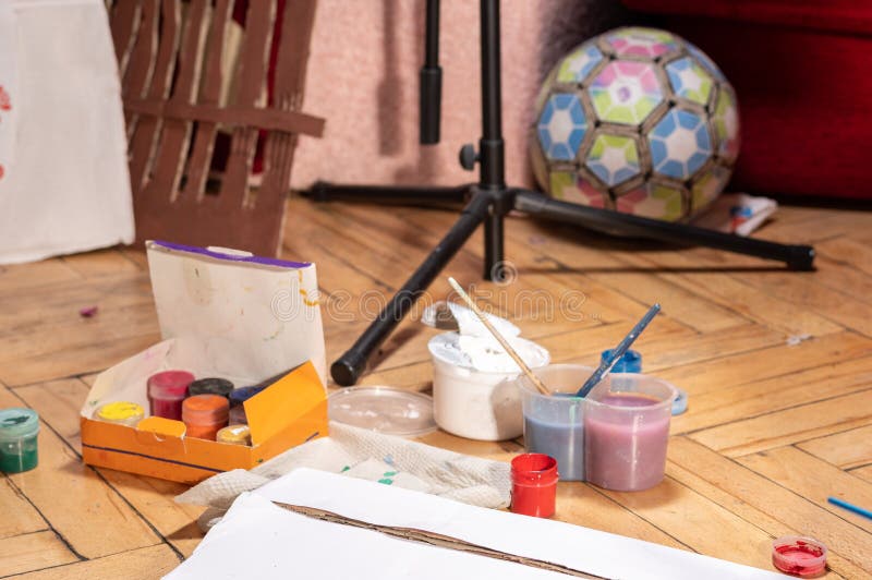 Set for fine art. Preparation for drawing. Childrens toys and paints royalty free stock photos Set for fine art. Preparation for drawing. Childrens toys and paints royalty free stock photos