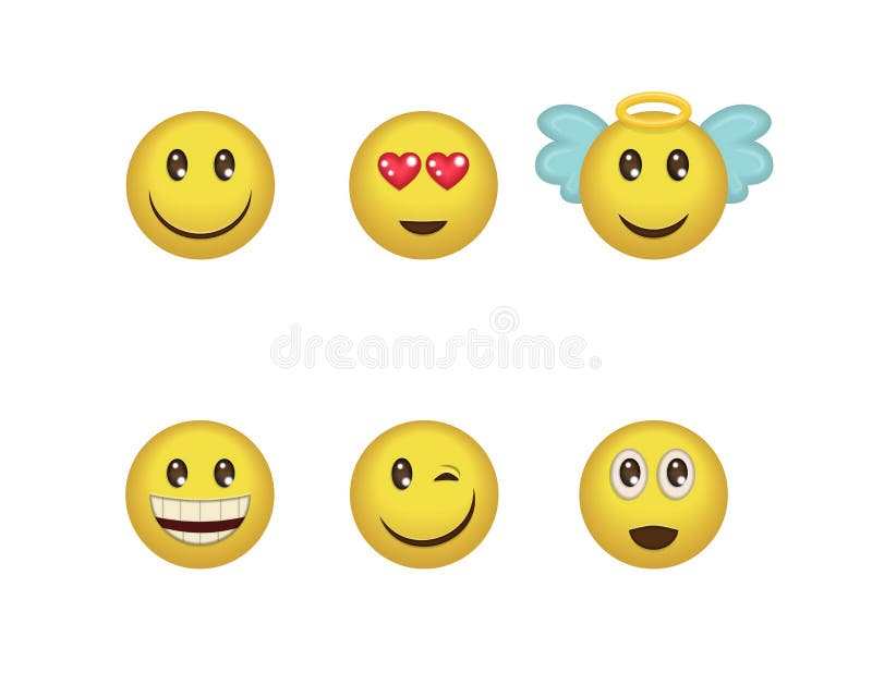 A set of fun positive emoticon expressions. Smile, wink, angel, surprised, in love, laugh smileys included. A set of fun positive emoticon expressions. Smile vector illustration