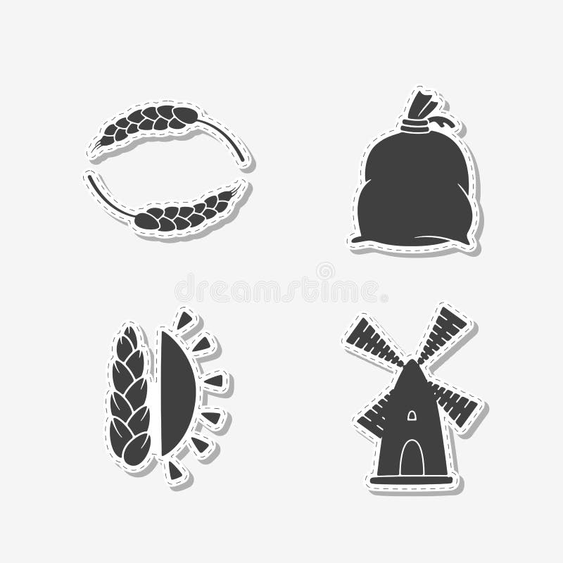 Set of hand drawn stickers with wind mill, wheat, sun and flour bag. Templates for design or brand identity. Vector illustration vector illustration