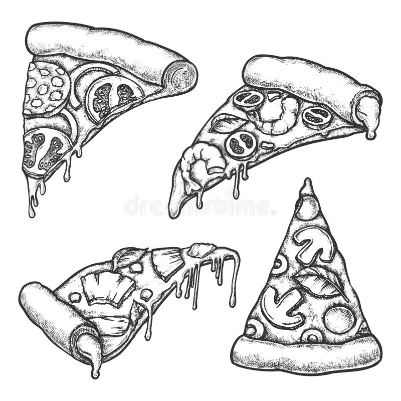 Set of isolated pizza slice sketch. Pizzeria. Set of isolated pizza slice sketch. Hand drawn piece of fast food for pizzeria. Food with cheese, meat, mushroom stock illustration