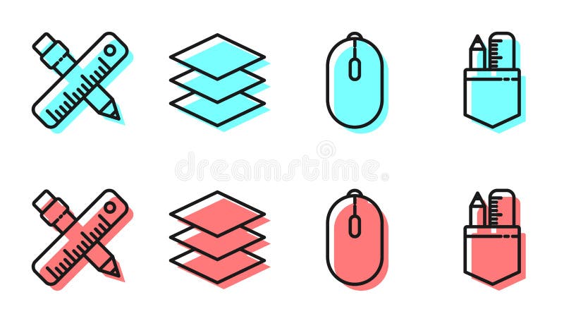 Set line Computer mouse, Crossed ruler and pencil, Layers and Crossed ruler and pencil icon. Vector. stock illustration Set line Computer mouse, Crossed ruler and pencil, Layers and Crossed ruler and pencil icon. Vector. stock illustration