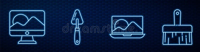 Set line Laptop, Computer monitor screen, Palette knife, Paint brush and Pencil sharpener. Glowing neon icon on brick. Wall. Vector vector illustration Set line Laptop, Computer monitor screen, Palette knife, Paint brush and Pencil sharpener. Glowing neon icon on brick. Wall. Vector vector illustration