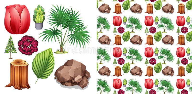 Set of seamless background design with isolated objects theme - nature vector illustration