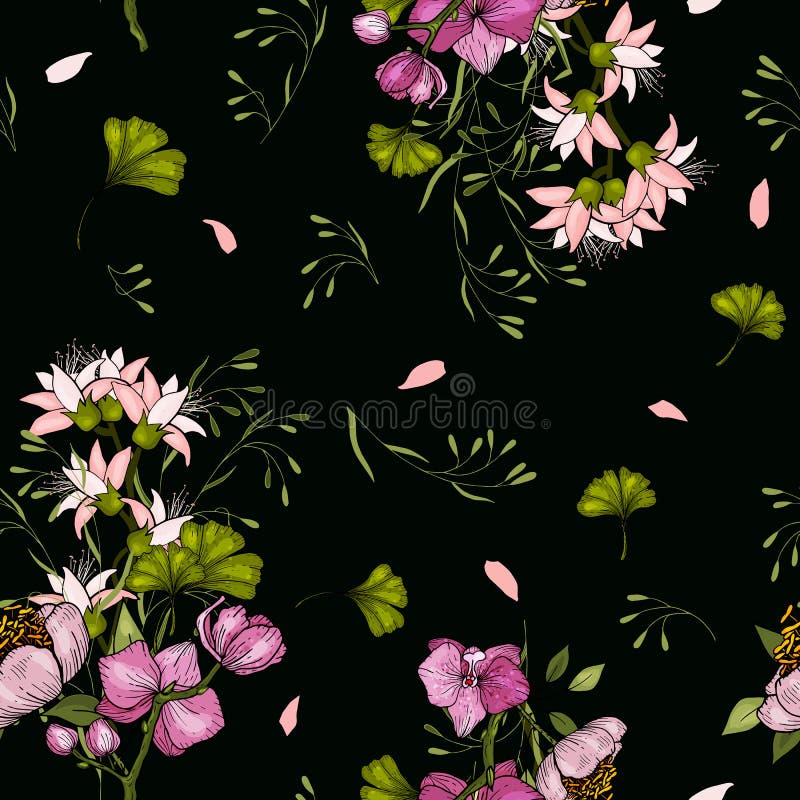 Set of seamless floral ornament with orchid for fashion design, fabric print, wallpaper, background, web, textile in vector stock illustration Set of seamless floral ornament with orchid for fashion design, fabric print, wallpaper, background, web, textile in vector stock illustration