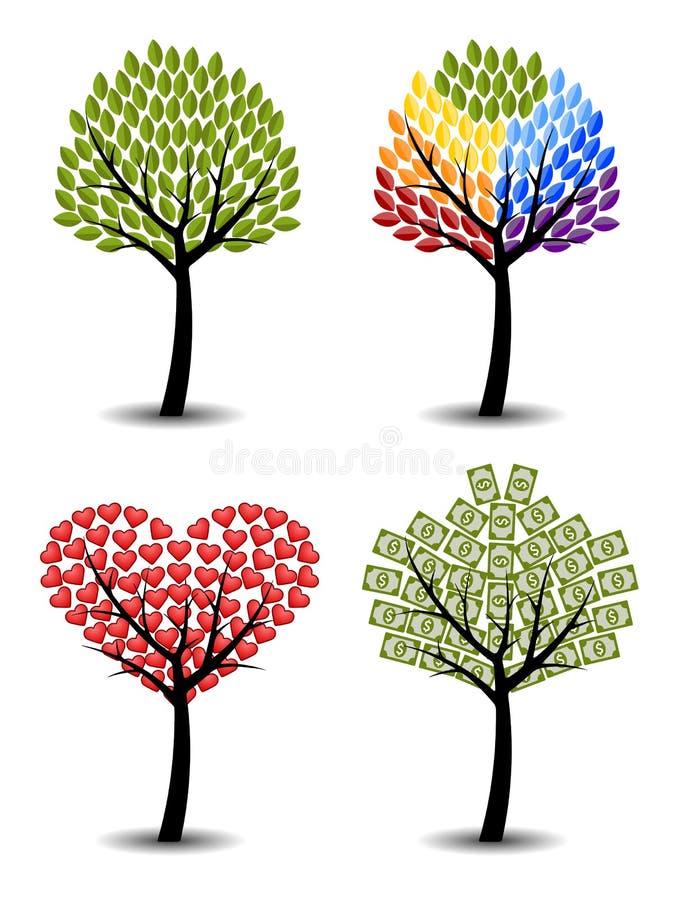 Set of trees. Eco, rainbow, hearts, money. royalty free illustration