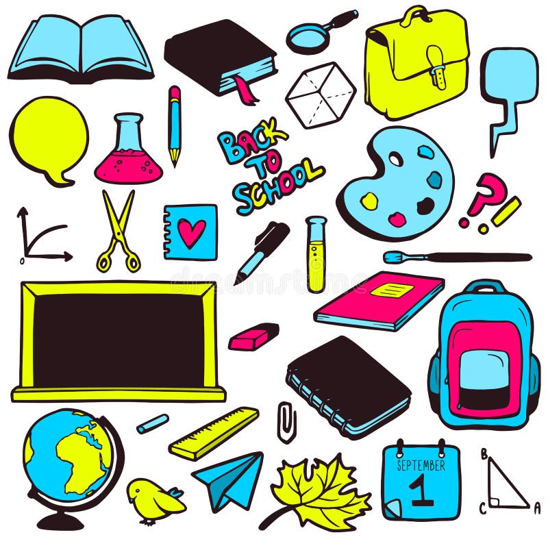 Set of various school elements, colorful hand drawn collection royalty free illustration