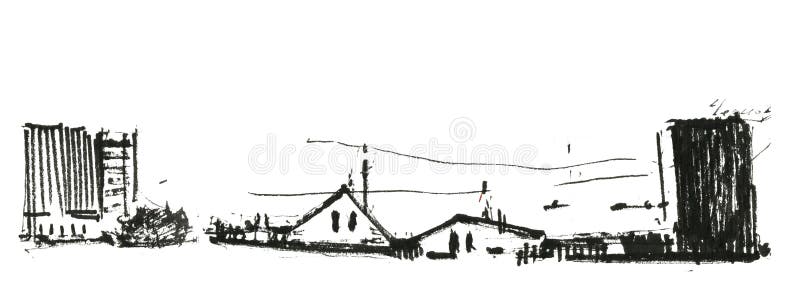 Shabby wooden houses black and white hand drawn illustration. Old village street charcoal pencil drawing. Rustic cottage with wooden fence freehand abstract royalty free stock photos