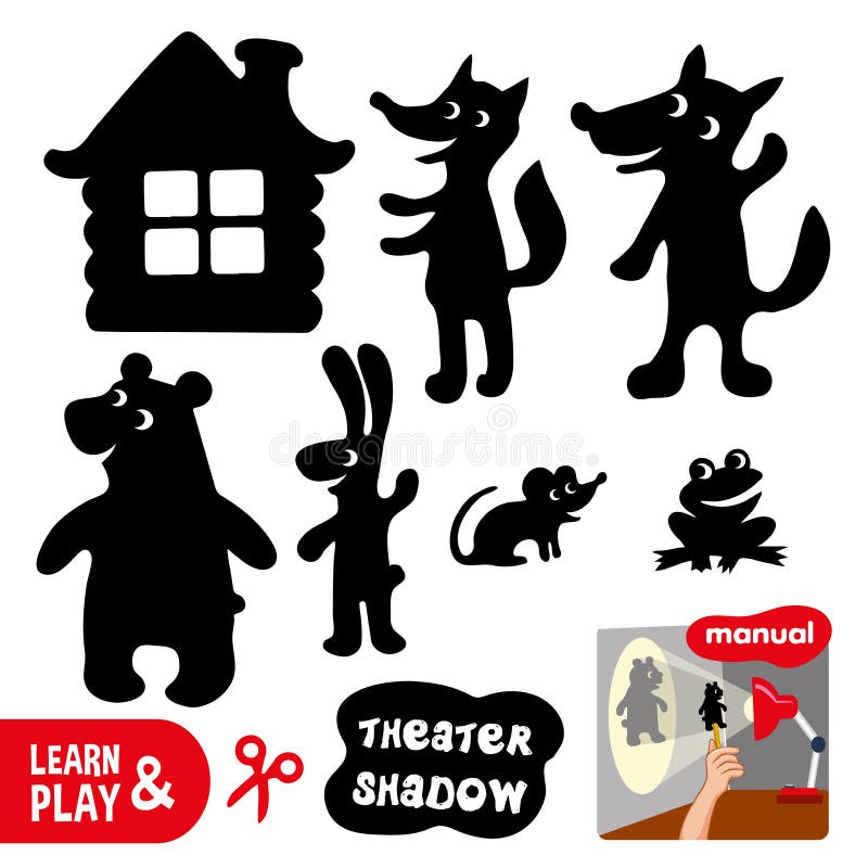 Shadow theater. Use scissors cut contour of animals and house turn on lamp and play using cut shapes. Learn and play at. Same time. Entertainment for children royalty free illustration