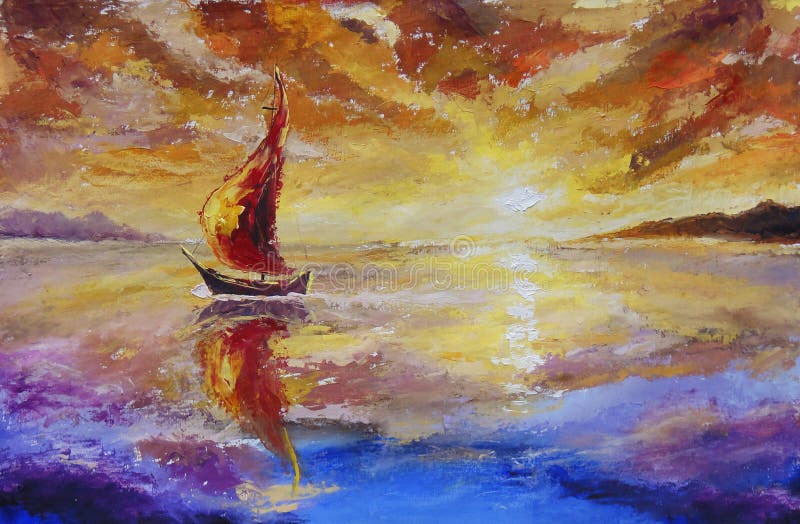 A ship with red sails original oil painting. Beautiful sunset, dawn over sea, water. Impressionism. Art. vector illustration