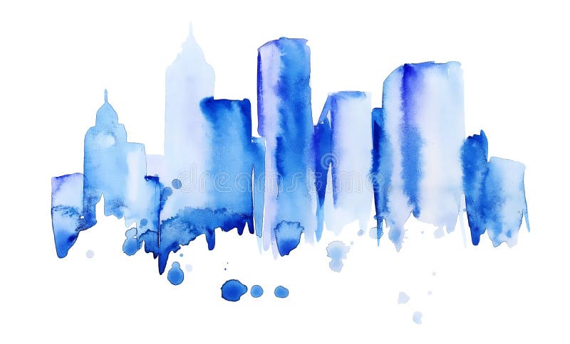 Silhouette of the city of new York watercolor. Hand-drawn in blue tones, painted with splashes of watercolor drops royalty free illustration Silhouette of the city of new York watercolor. Hand-drawn in blue tones, painted with splashes of watercolor drops royalty free illustration