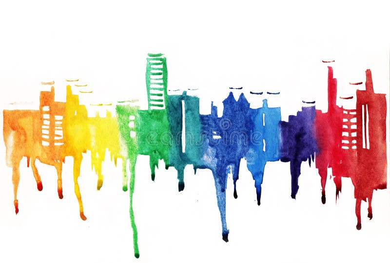 Silhouette of city painted with splashes of watercolor. Drops streaks in multicolour royalty free illustration Silhouette of city painted with splashes of watercolor. Drops streaks in multicolour royalty free illustration