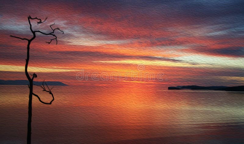 Silhouette of lonely dry tree in bay at sunset, texture of oil painting. stock illustration