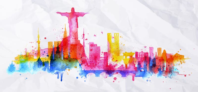 Silhouette overlay city Rio de Janeiro. Silhouette overlay city watercolor painted with spray droplets with streaks landmarks in pink and purple colors royalty free illustration Silhouette overlay city Rio de Janeiro. Silhouette overlay city watercolor painted with spray droplets with streaks landmarks in pink and purple colors royalty free illustration