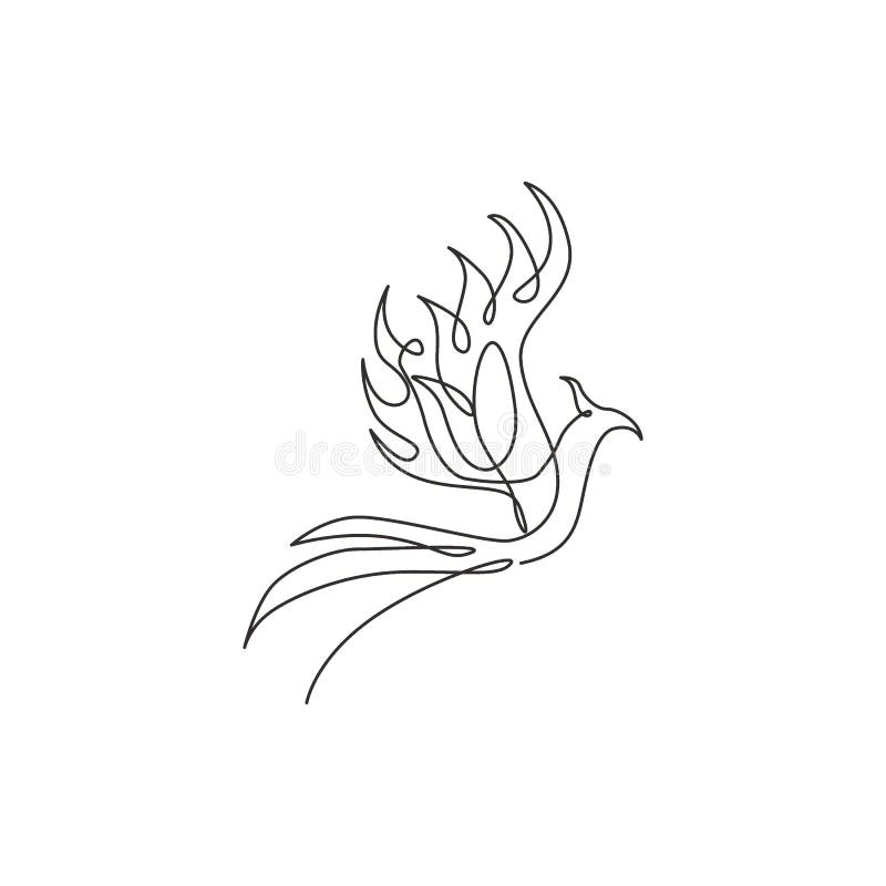 Single continuous line drawing of flame phoenix bird for corporate logo identity. Company icon concept from fauna shape. Modern. One line draw vector graphic royalty free illustration
