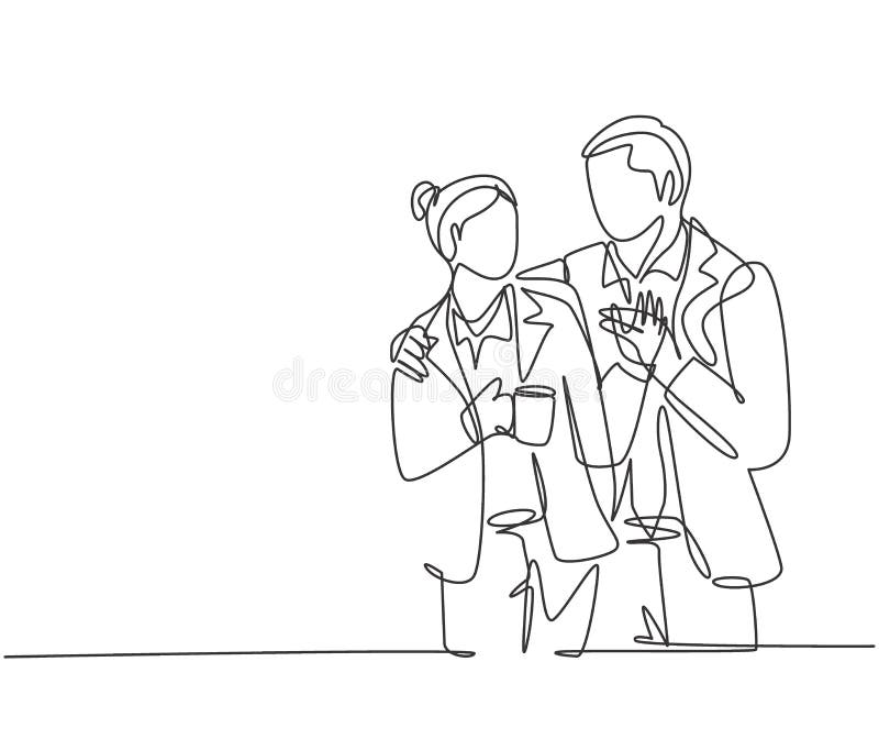 Single continuous line drawing of young happy romantic couple worker celebrate their anniversary after office hour. Wedding. Anniversary concept. Trendy one royalty free illustration Single continuous line drawing of young happy romantic couple worker celebrate their anniversary after office hour. Wedding. Anniversary concept. Trendy one royalty free illustration