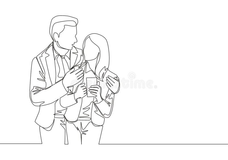 Single continuous line drawing of young happy romantic couple worker celebrate their anniversary after office hours. Wedding anniversary concept one line draw royalty free illustration Single continuous line drawing of young happy romantic couple worker celebrate their anniversary after office hours. Wedding anniversary concept one line draw royalty free illustration