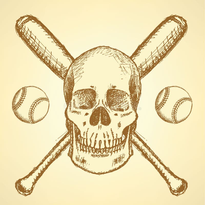 Sketch baseball ball, bat and scull stock illustration