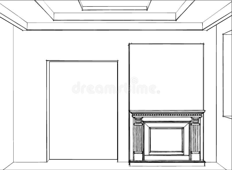 Sketch of fireplace in modern home interior. Sketch of fireplace in modern interior stock images