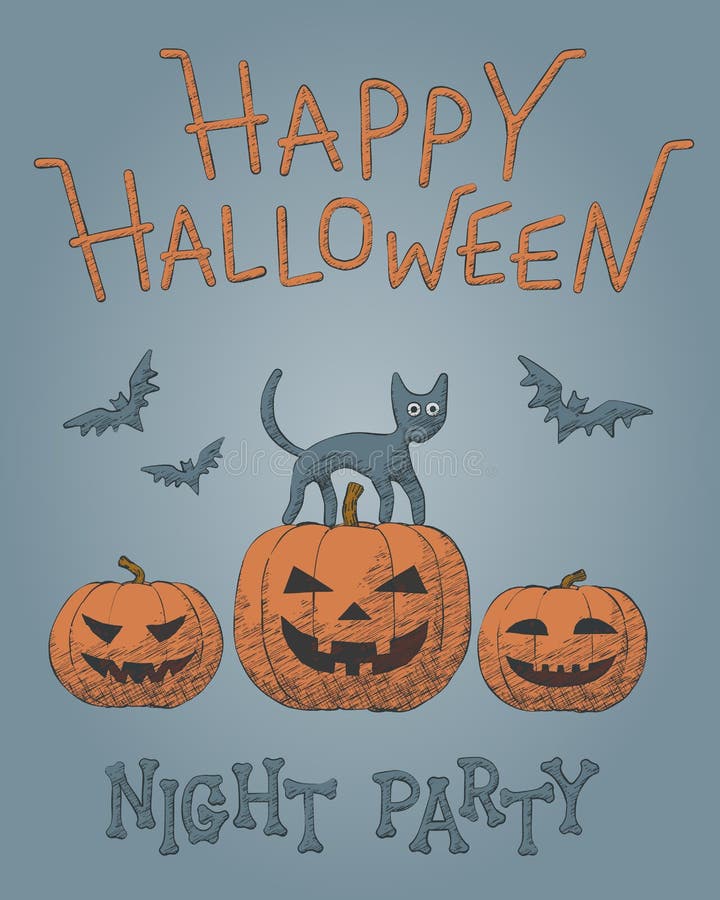 Sketch vector for Halloween - pumpkin, cat and bat royalty free illustration