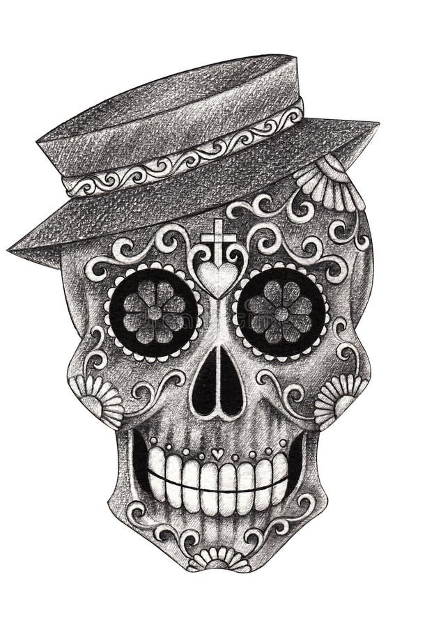 Skull art smiley face day of the dead. Art design head skull smiley face day of the dead festival hand pencil drawing on paper vector illustration