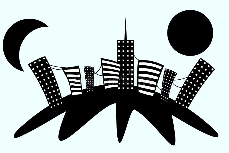 Skyscrapers on the planet earth. Black and white. Moon and sun . vector royalty free illustration Skyscrapers on the planet earth. Black and white. Moon and sun . vector royalty free illustration